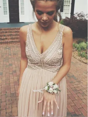 Dusty Pink Sparkly Bead Top Chiffon A-line Prom Dress