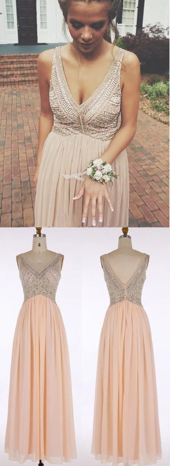 Dusty Pink Sparkly Bead Top Chiffon A-line Prom Dress