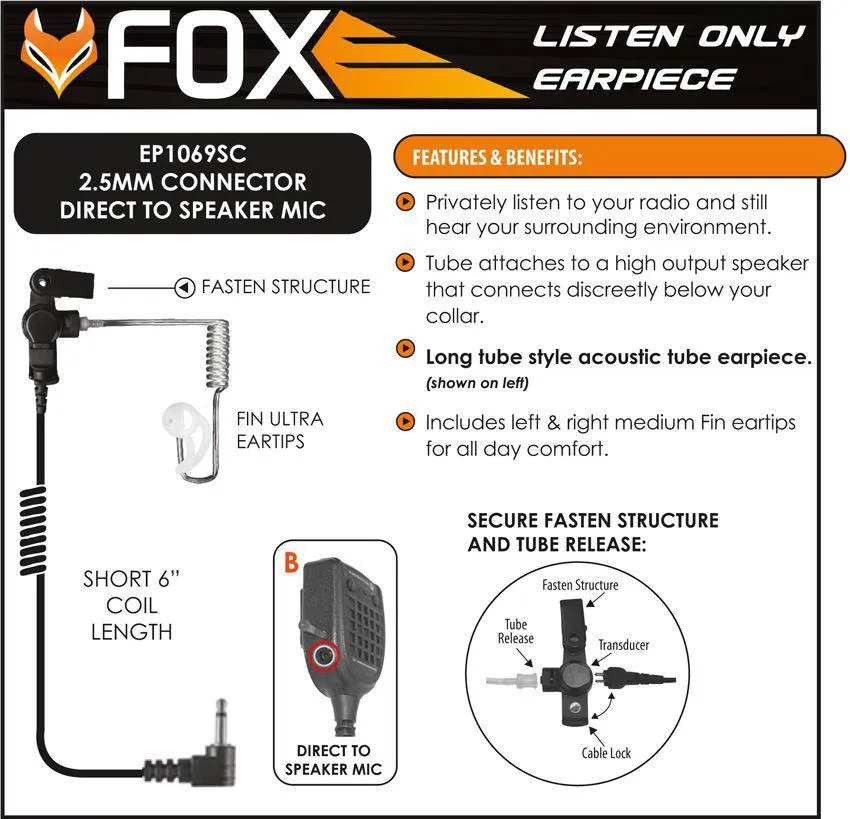 EP1069SC Fox Surveillance Earphone Kit with 2.5mm Connector
