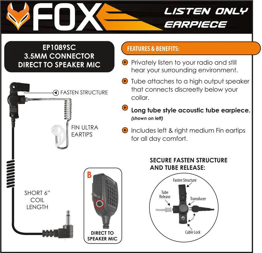 EP1089SC Fox Listen Only Earphone Kit with 3.5mm Connector