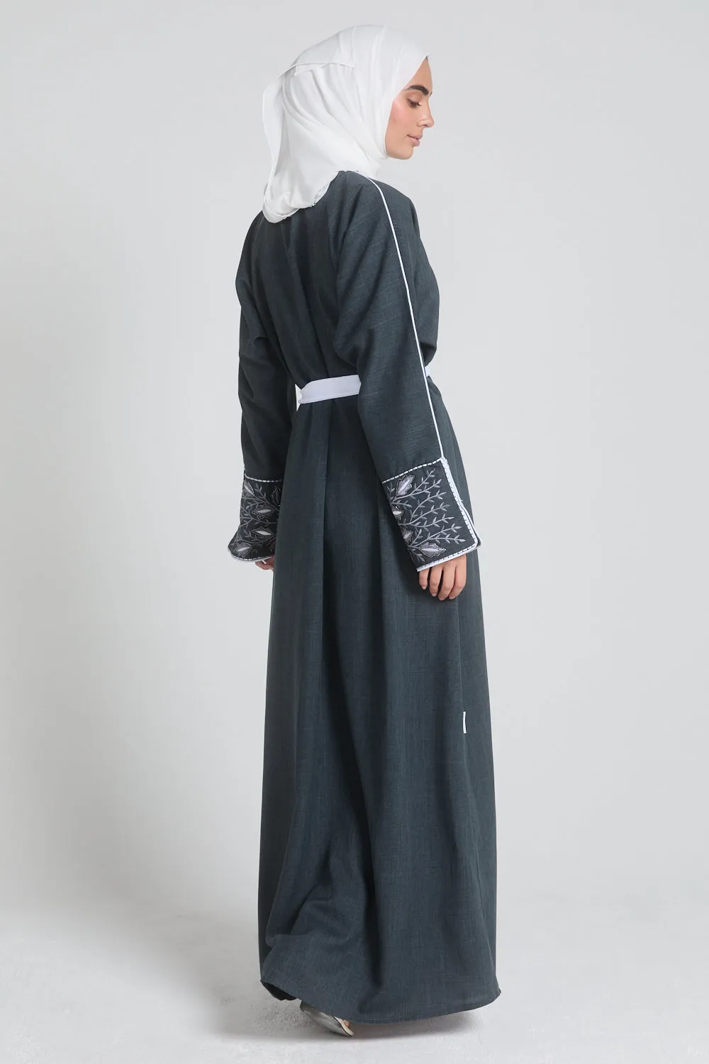Four Piece Contrast Embroidered Cuff Open Abaya Set - Hague Blue