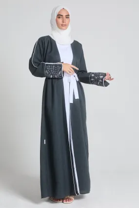 Four Piece Contrast Embroidered Cuff Open Abaya Set - Hague Blue