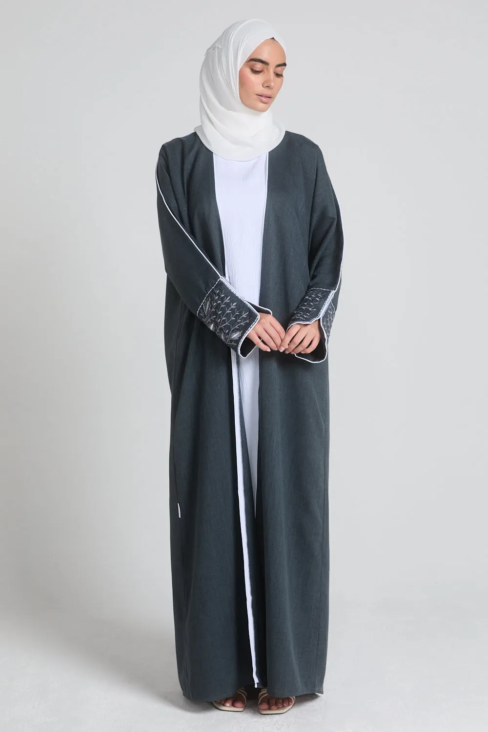 Four Piece Contrast Embroidered Cuff Open Abaya Set - Hague Blue
