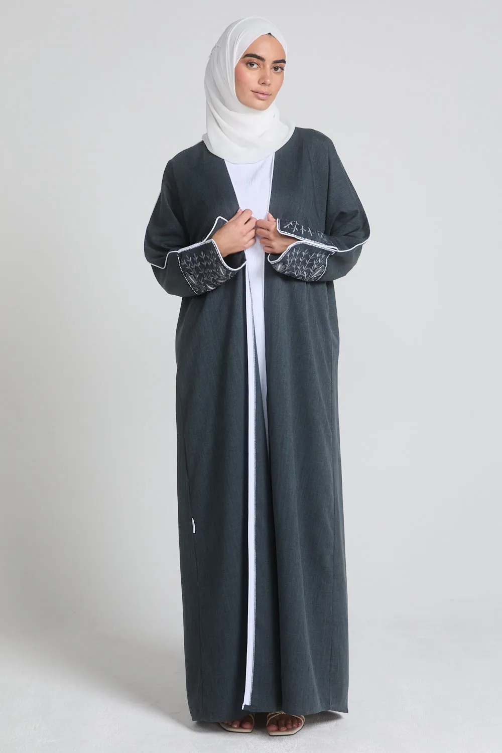 Four Piece Contrast Embroidered Cuff Open Abaya Set - Hague Blue