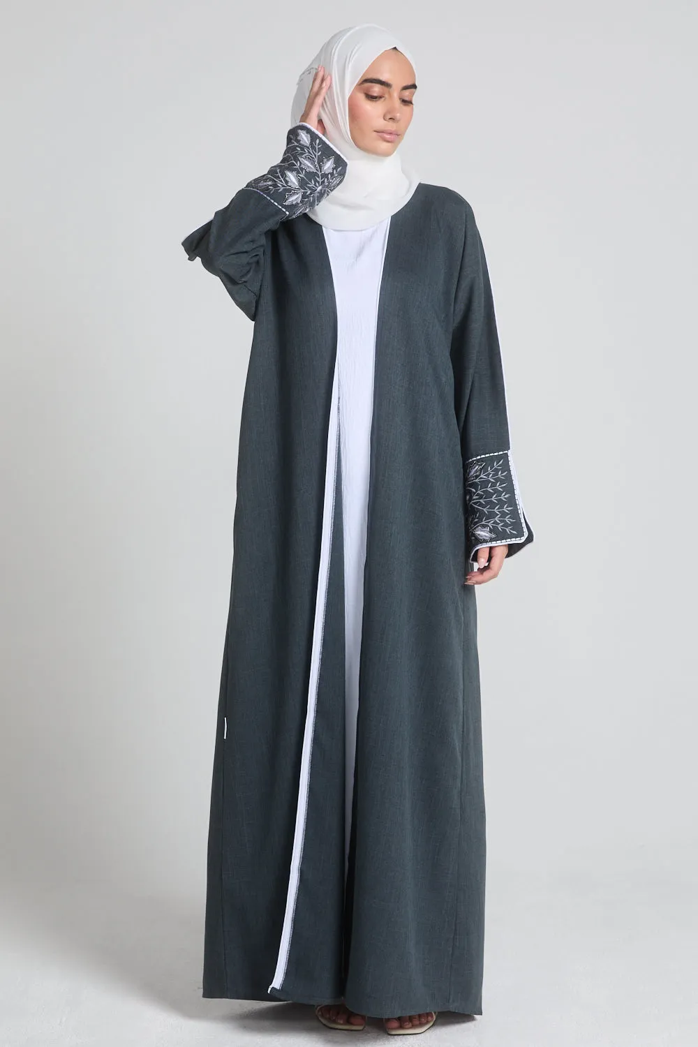 Four Piece Contrast Embroidered Cuff Open Abaya Set - Hague Blue