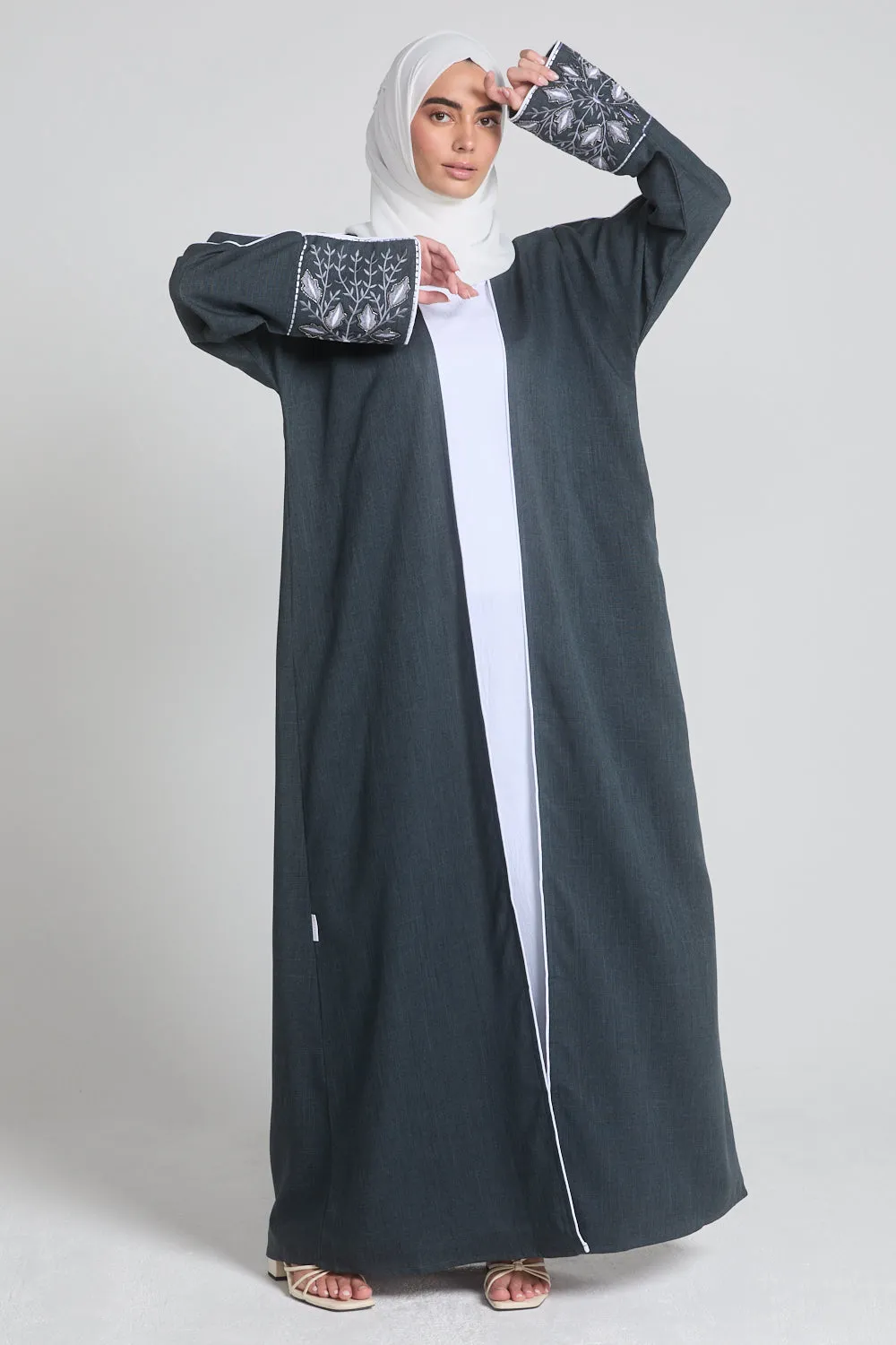 Four Piece Contrast Embroidered Cuff Open Abaya Set - Hague Blue