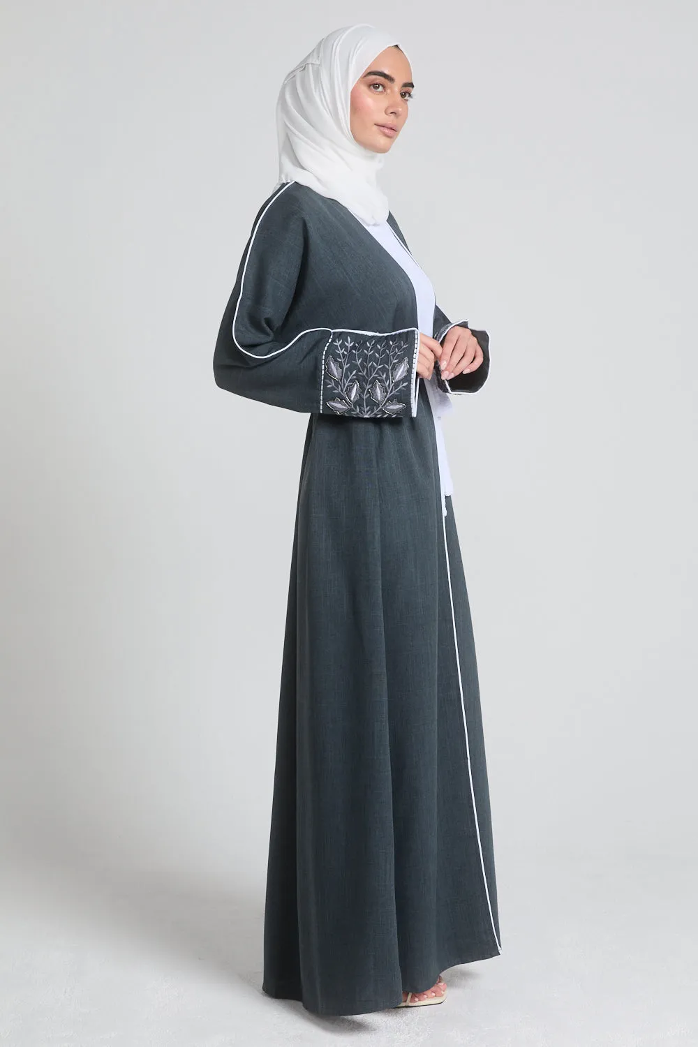 Four Piece Contrast Embroidered Cuff Open Abaya Set - Hague Blue