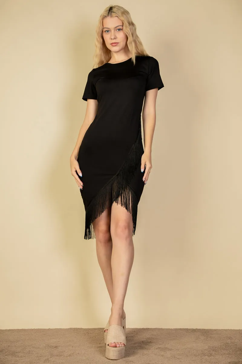 Fringe Hem Short Sleeve Bodycon Midi Pencil Dress (CAPELLA)