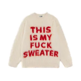 Fuck slogan sweater grunge knitted fluffy 90s inspired jumper beige