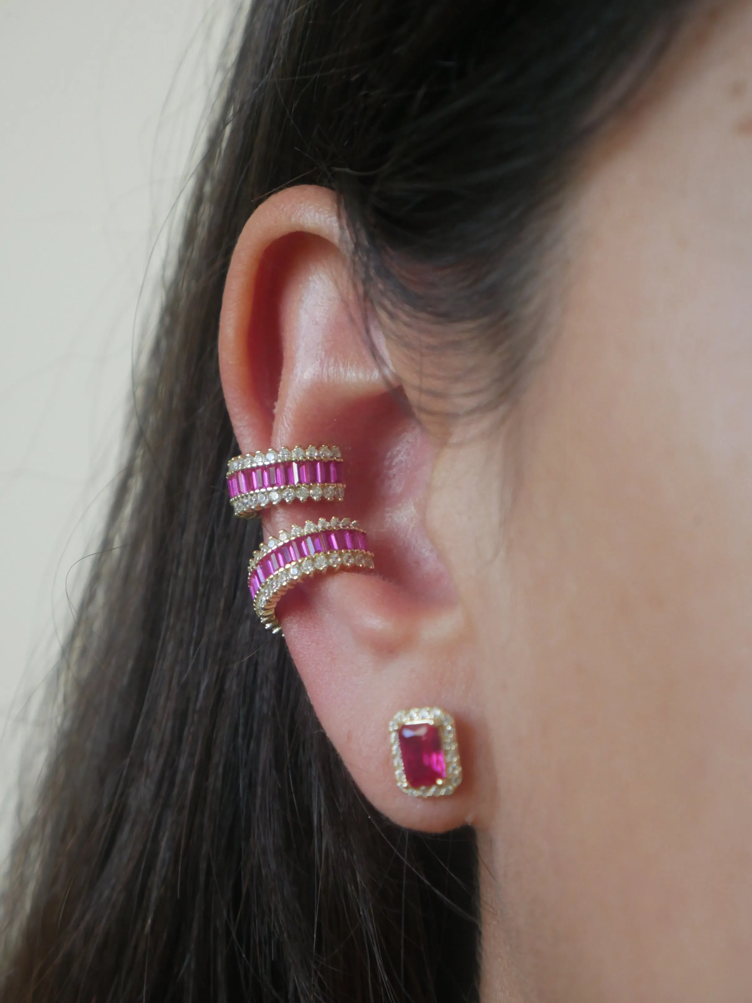 Glamorous Ear Cuffs .925 Sterling Silver 14k Gold Plated Baguette Diamond CZ Halo Statement Conch Adjustable None Pierced Ear Cuff Earrings