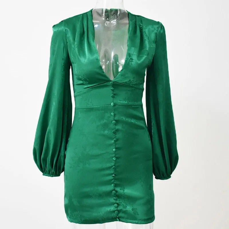 Green satin bodycon vintage flower print button down sexy v neck lantern sleeve party dress
