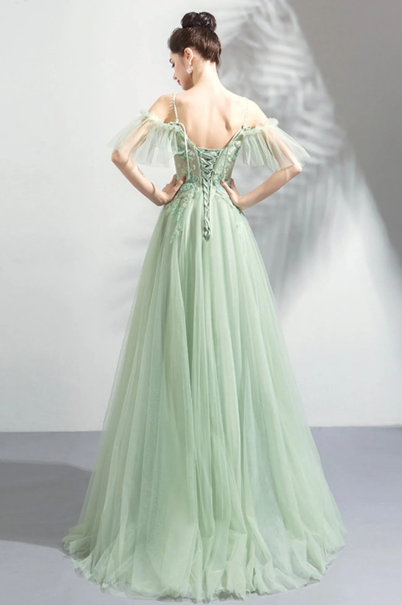 Green Spaghetti Strap Tulle Lace Long Prom Dress