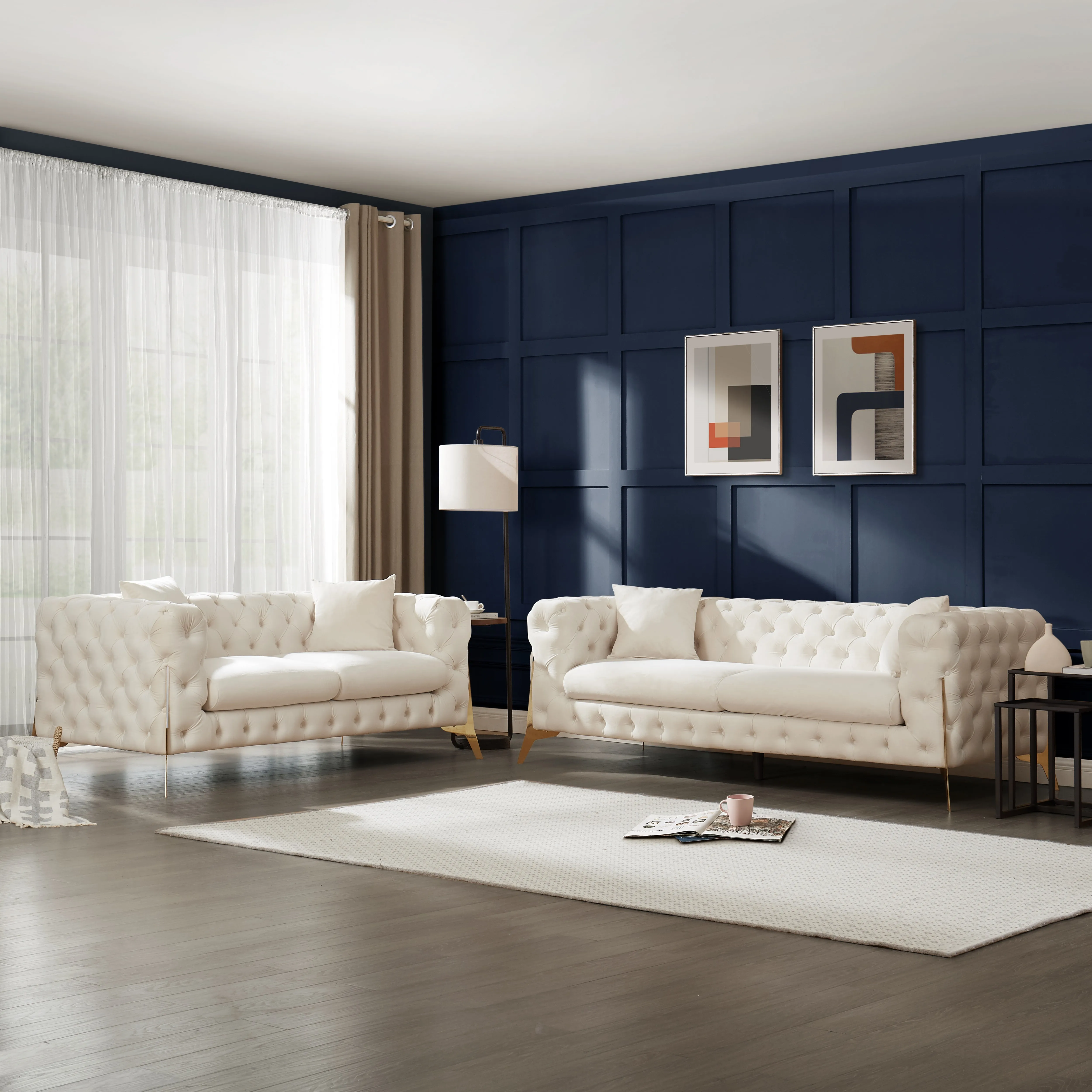 Jaguar 2 3 Seater Sofa Set Chesterfield Design Velvet, Cream Velvet
