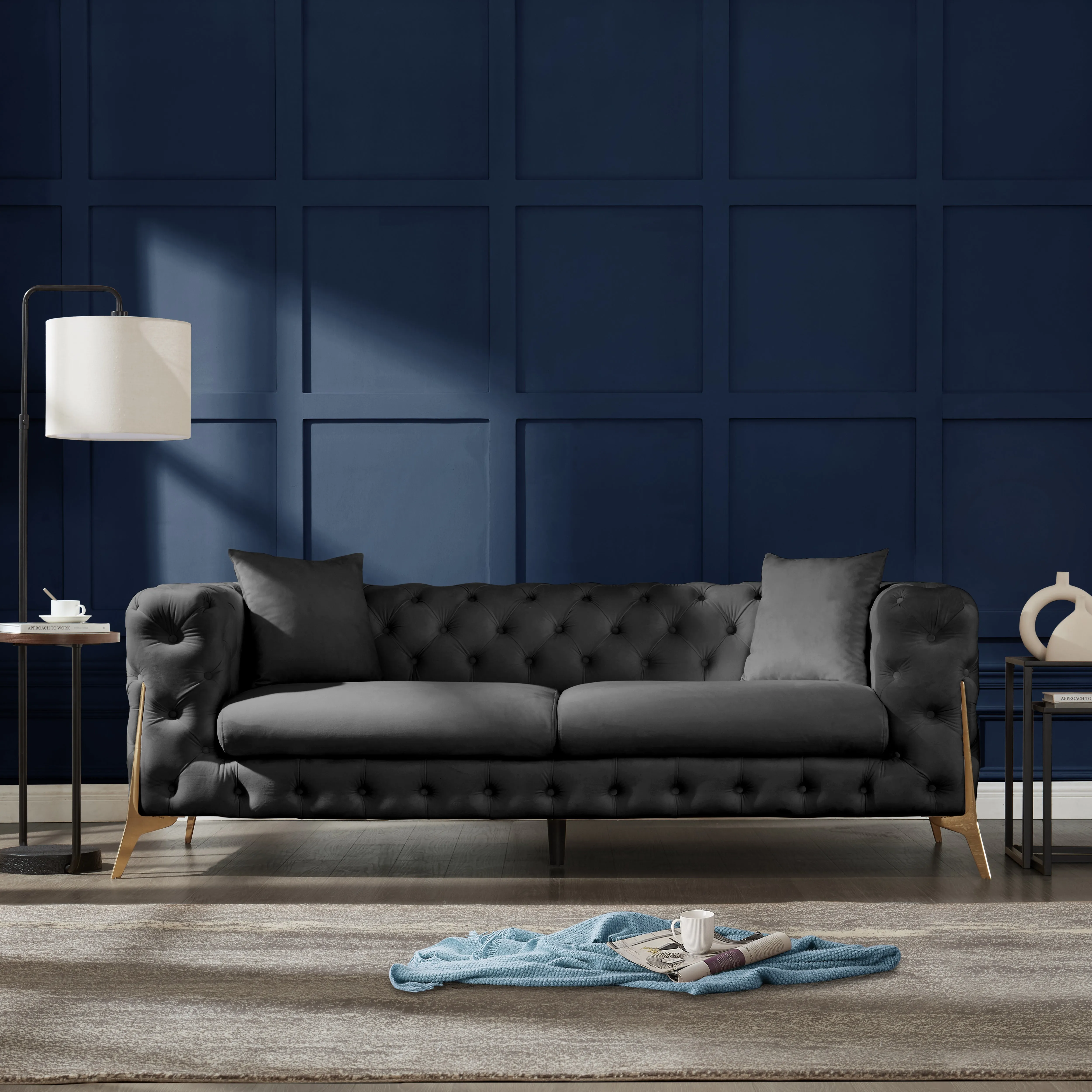 Jaguar 2 3 Seater Sofa Set Chesterfield Design Velvet, Dark Grey Velvet
