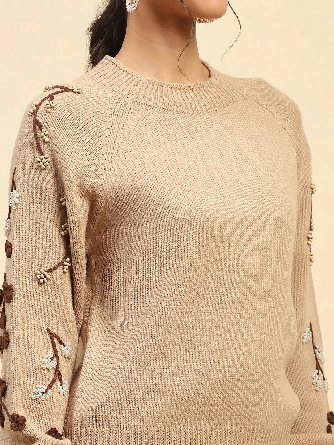 Khaki Embroidered Viscose Relaxed Fit Pullover