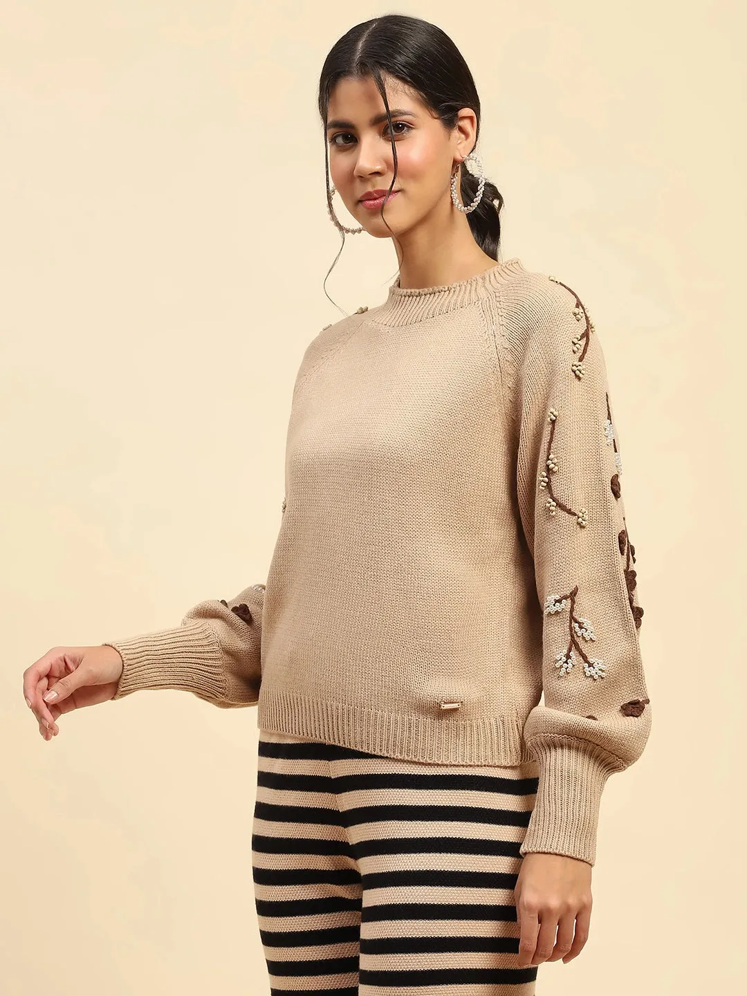 Khaki Embroidered Viscose Relaxed Fit Pullover