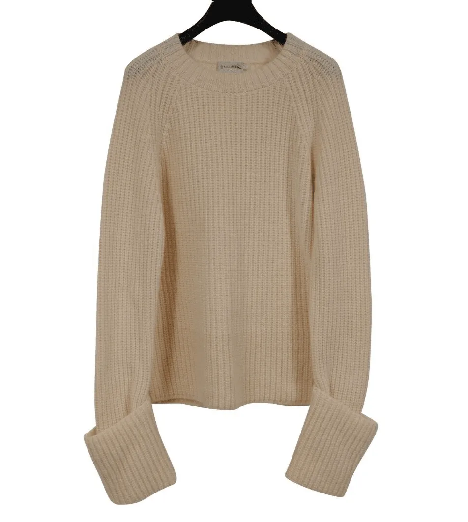 Maglione Tricot Girocollo Large Cream Tan Ribbed Sweater Wool