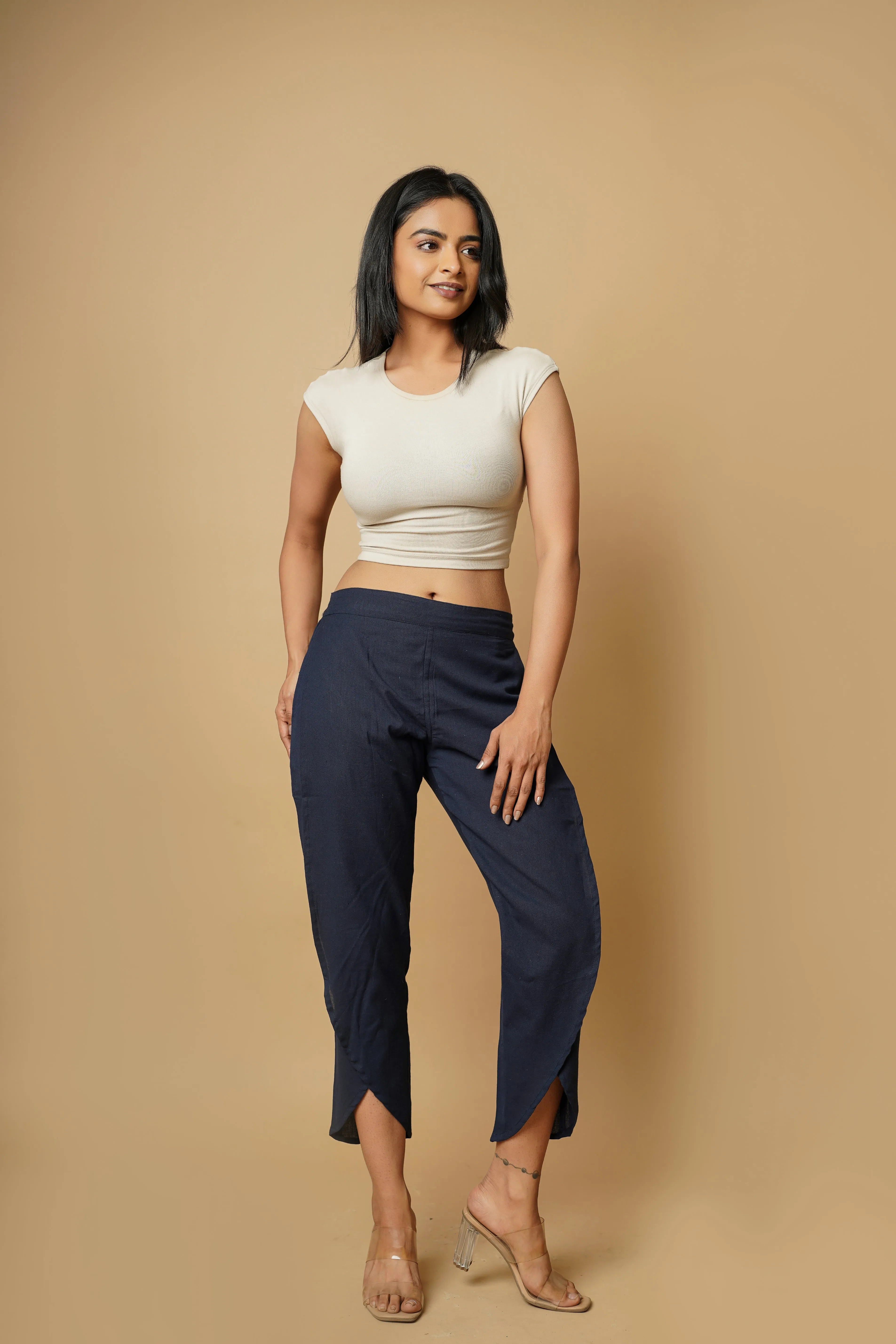 Navy Blue Cotton Women's Tulip Trousers