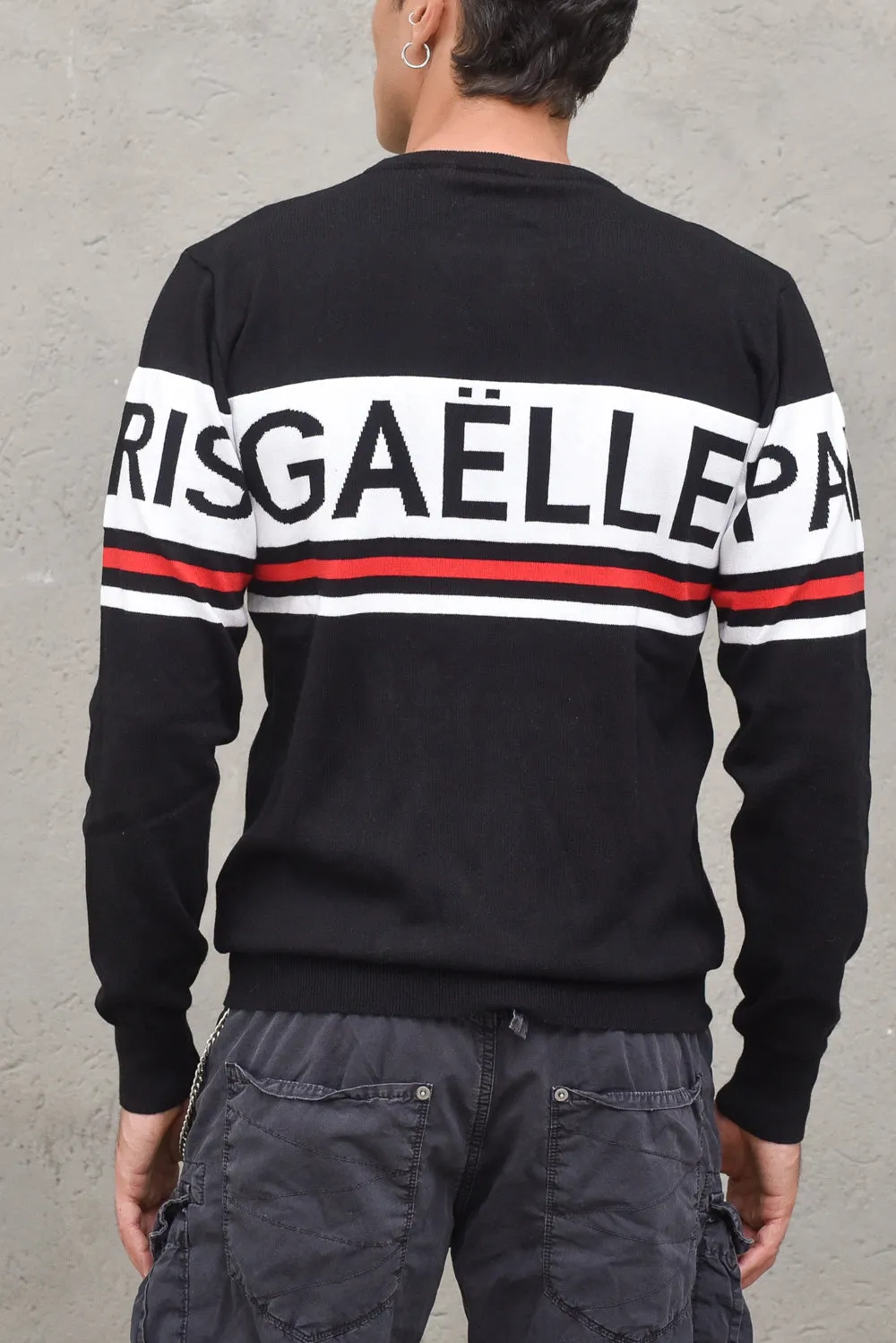 Pullover Paricollo Con Intarsio - Nero