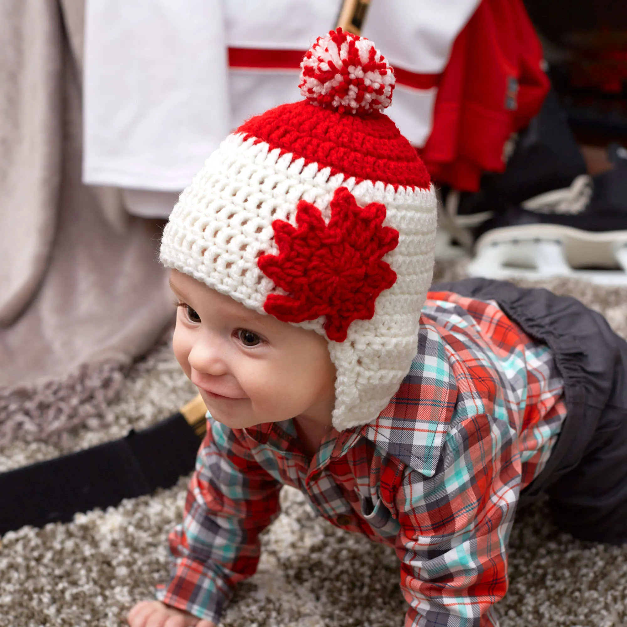 Red Heart Crochet Maple Leaf Earflap Hat