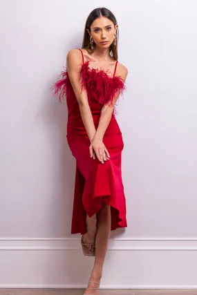Secret Keeper Feather Midi Slip Dress in Red