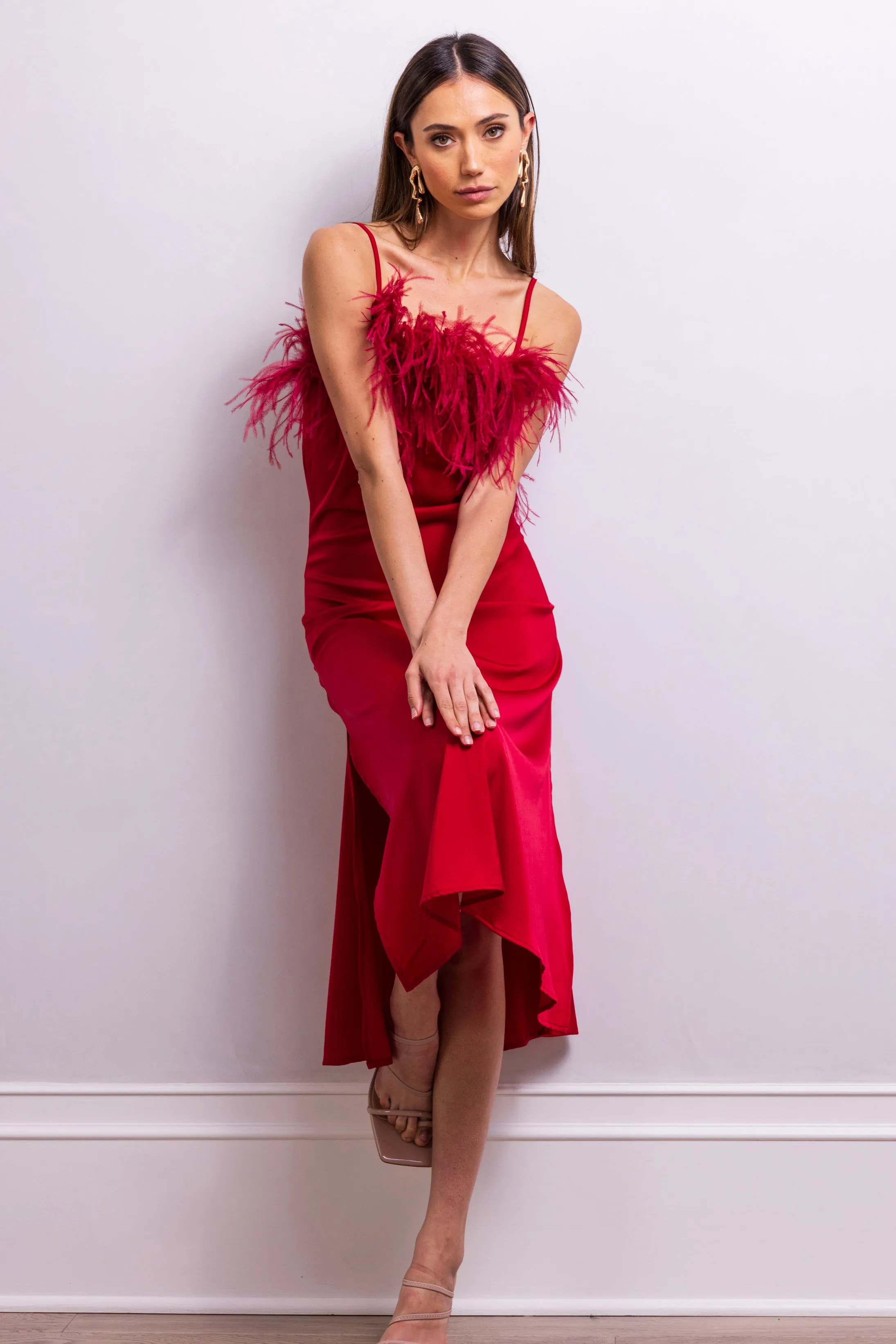 Secret Keeper Feather Midi Slip Dress in Red