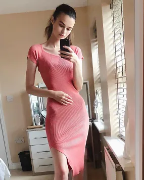 Short sleeves Ribbed Knit Bodycon Dress with Side Split in Salmon Pink