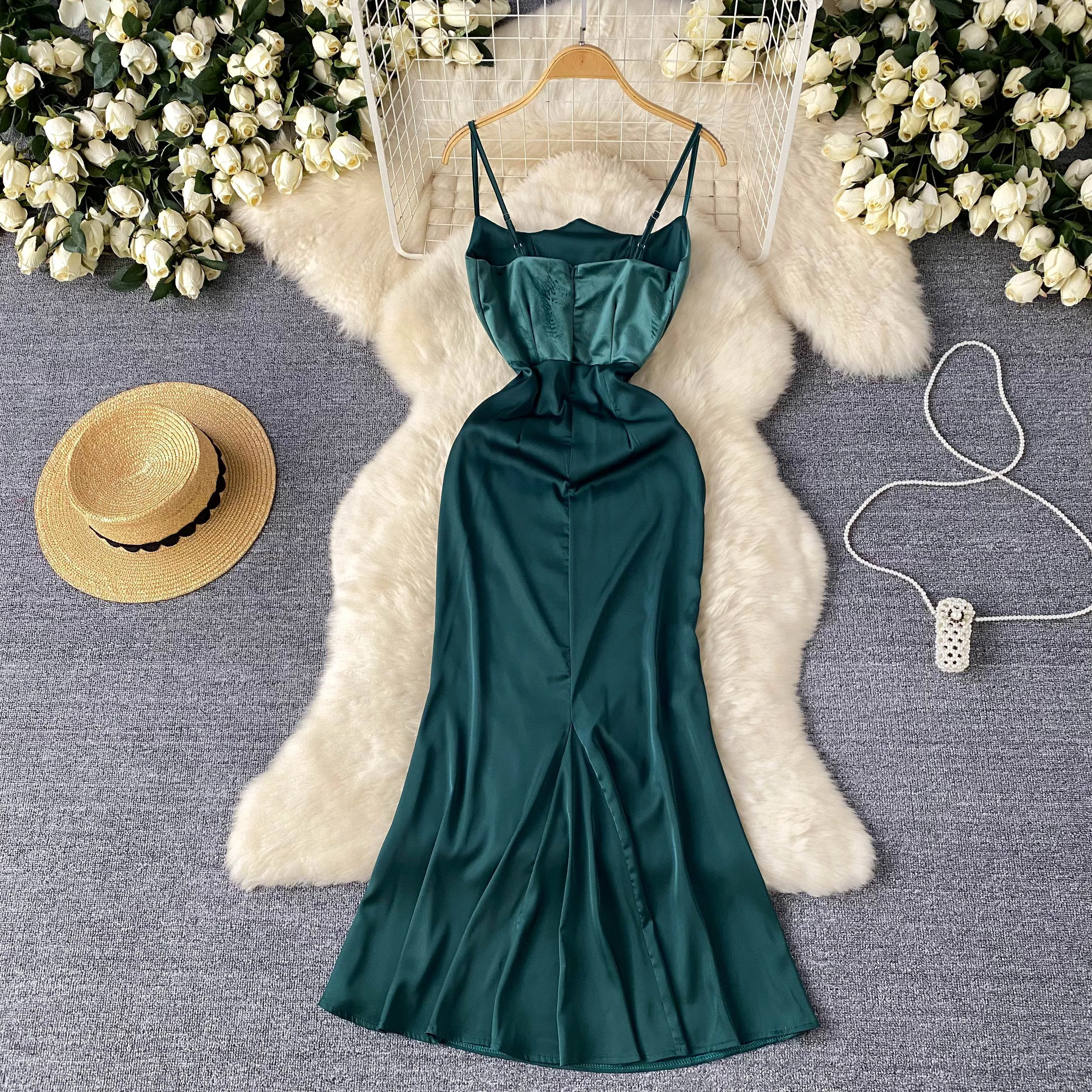 Slim-fit Fishbone Satin Slip Dress