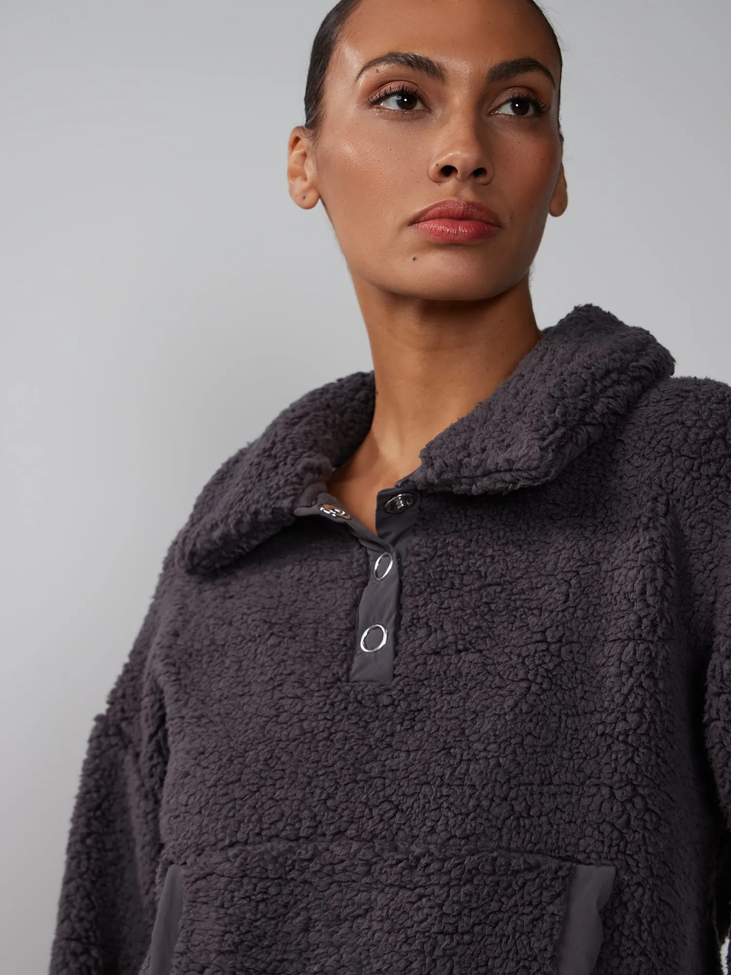 Snap Button Sherpa Pullover Sweatshirt