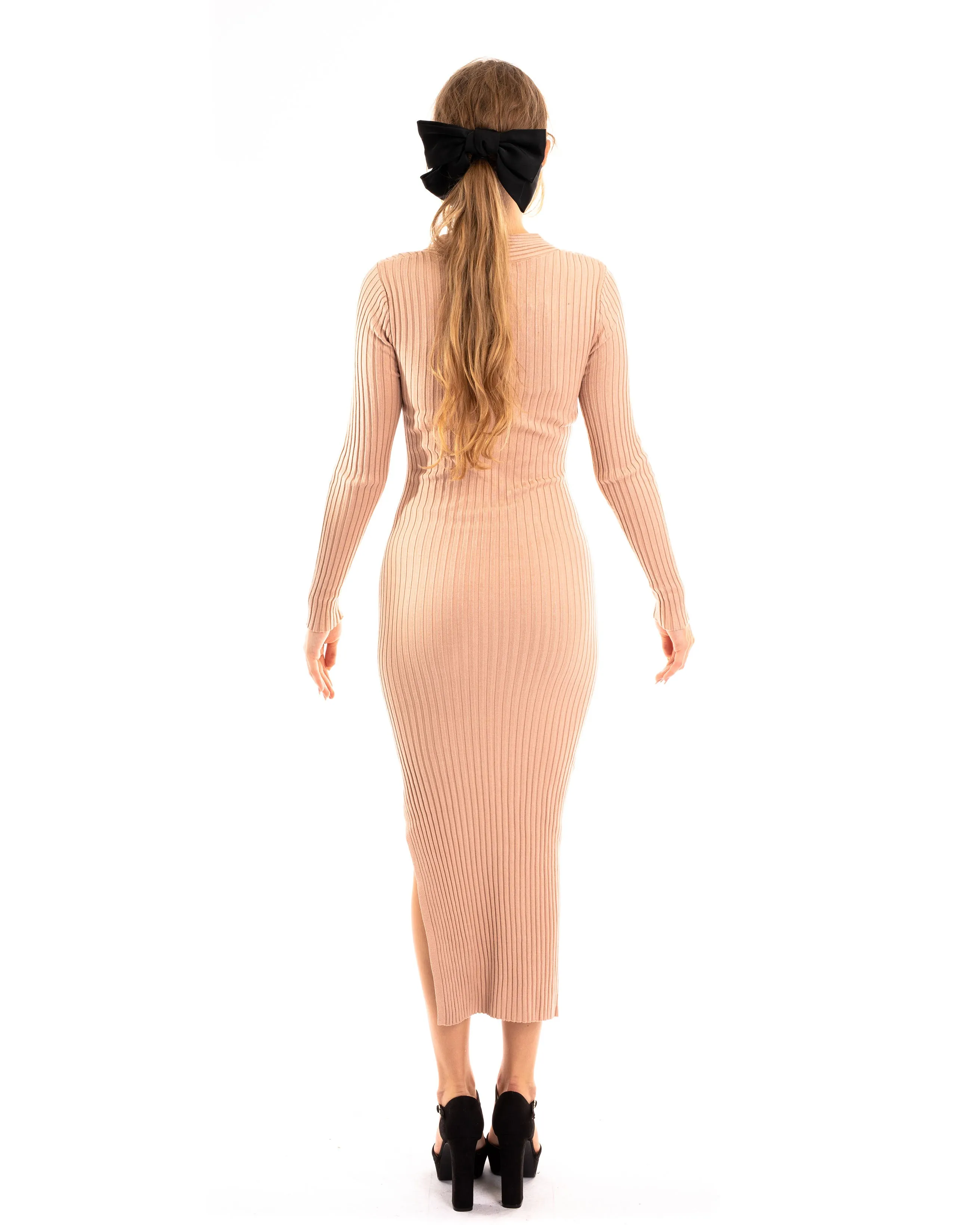 Soft Knitted Ribbed Midi Bodycon front twist design Dress In Beige