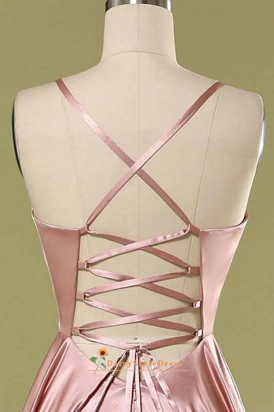 Spaghetti Straps Dusty Pink Slit Prom Dress
