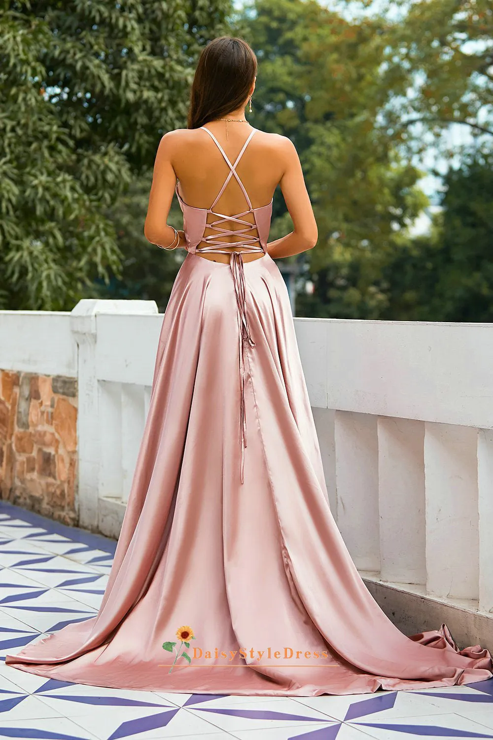 Spaghetti Straps Dusty Pink Slit Prom Dress