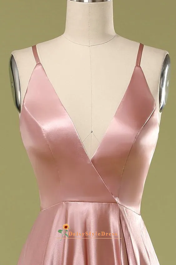 Spaghetti Straps Dusty Pink Slit Prom Dress