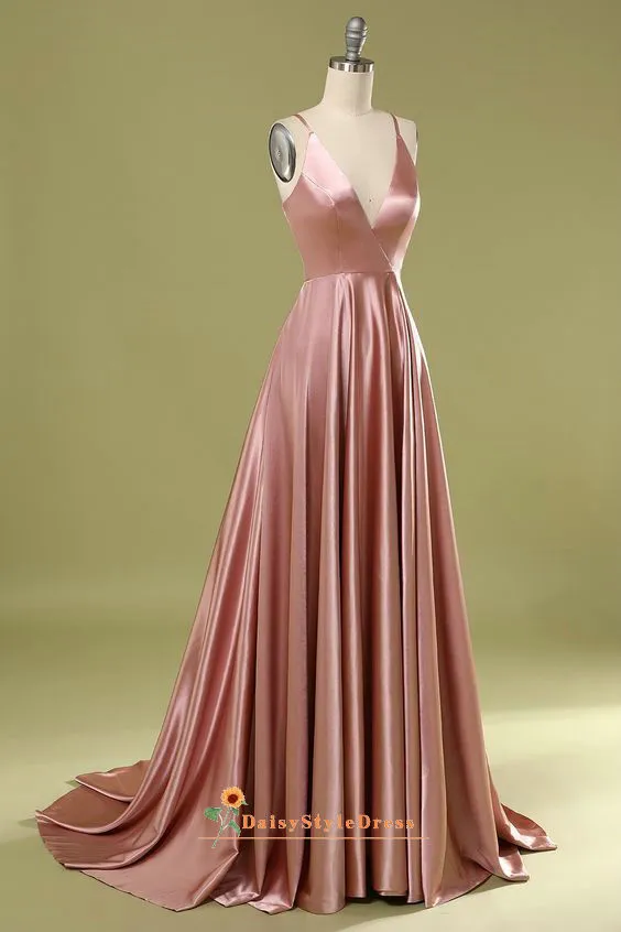 Spaghetti Straps Dusty Pink Slit Prom Dress
