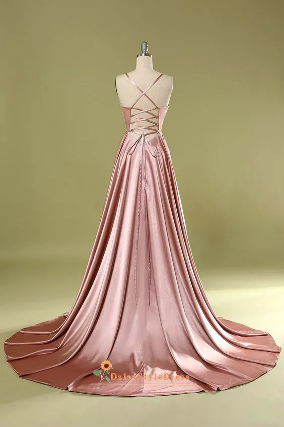 Spaghetti Straps Dusty Pink Slit Prom Dress