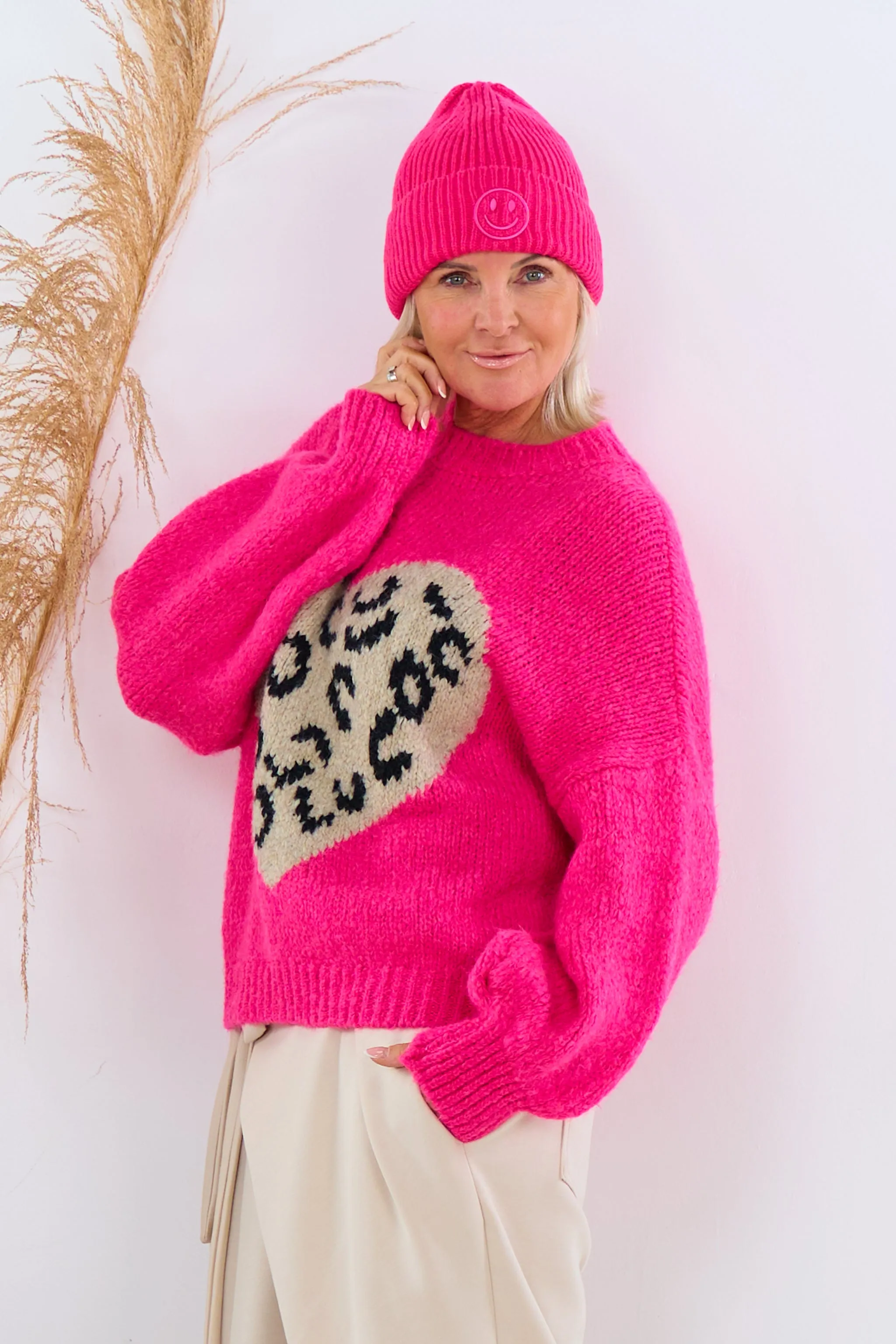 Strickpulli mit großem Herz, pink