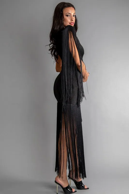 Vestido Fringe Midi Cut Out