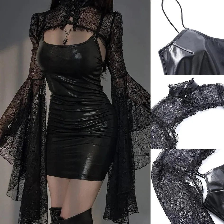Witchy Gothic Leather Dress, Sexy Lace Flare Sleeve For Women