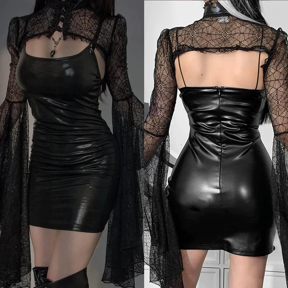 Witchy Gothic Leather Dress, Sexy Lace Flare Sleeve For Women