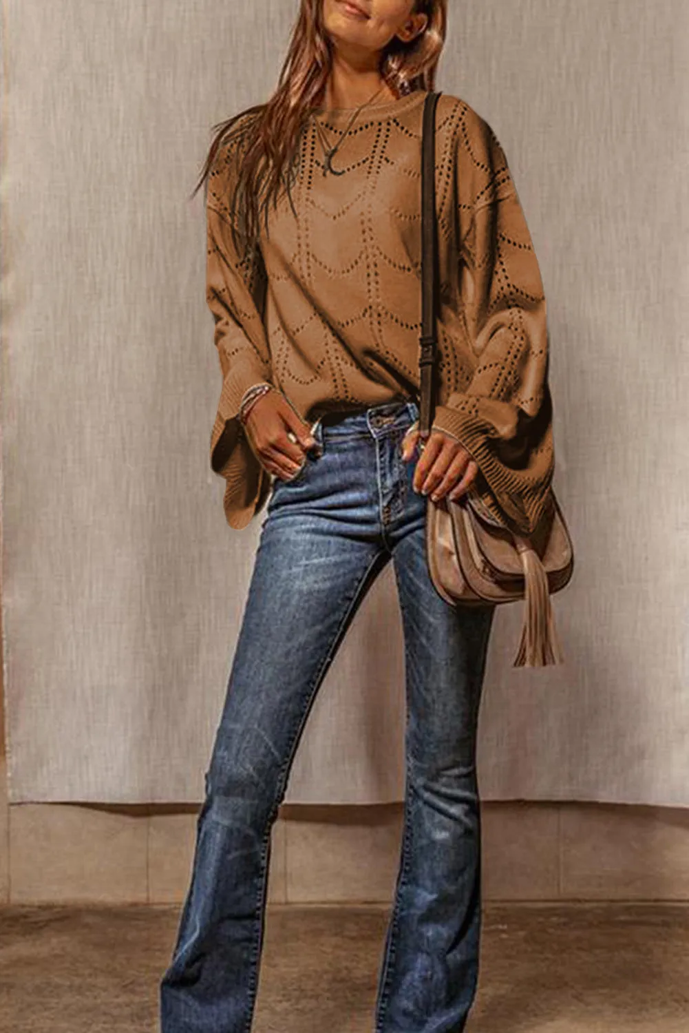 Women's Flare Sleeve Crew Neck Loose Fit Pointelle Sweater