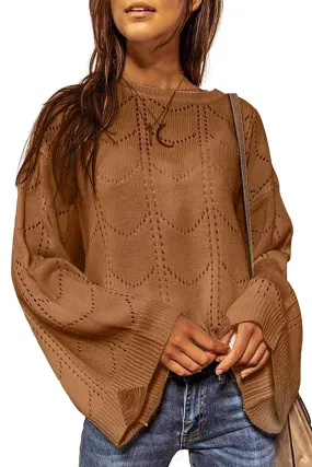 Women's Flare Sleeve Crew Neck Loose Fit Pointelle Sweater