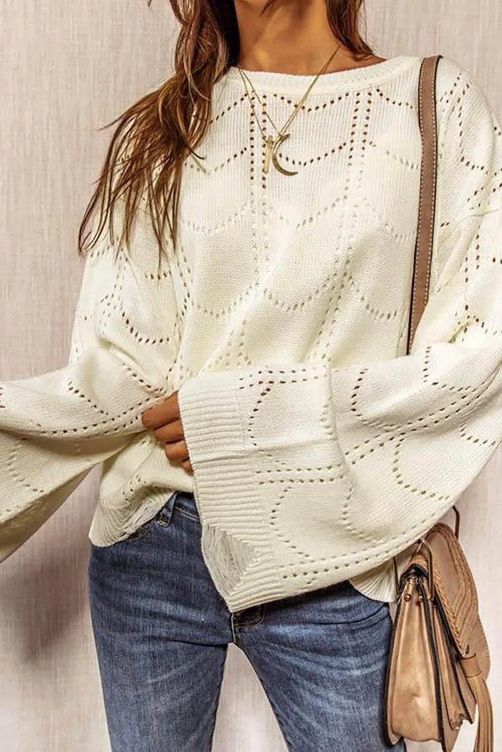 Women's Flare Sleeve Crew Neck Loose Fit Pointelle Sweater