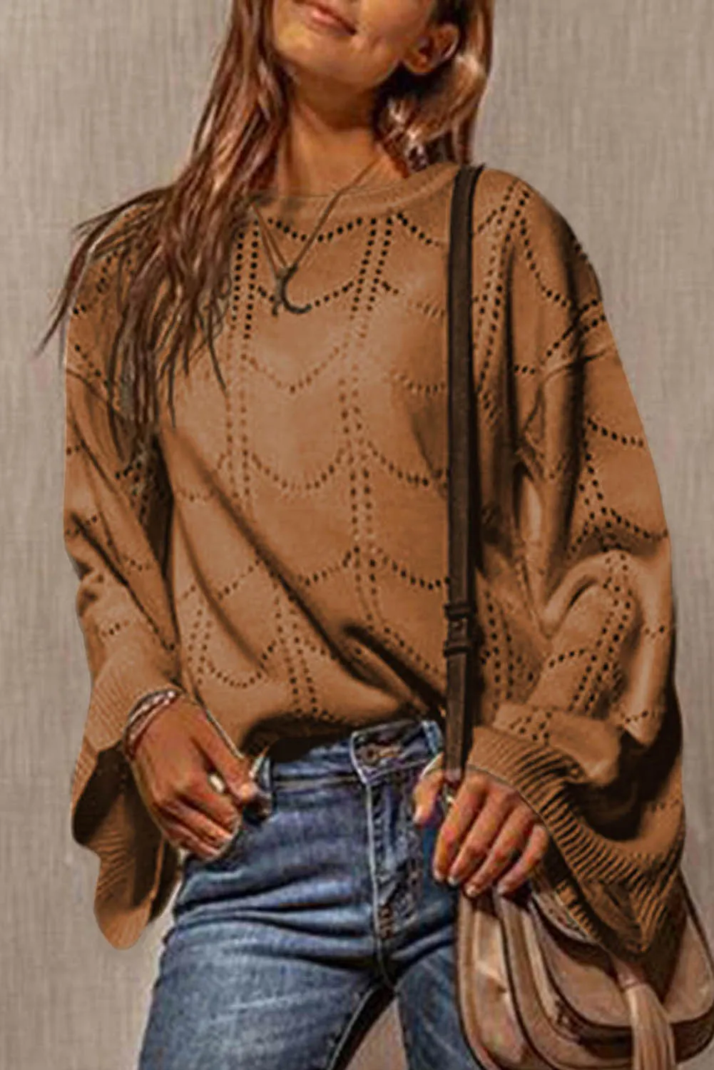Women's Flare Sleeve Crew Neck Loose Fit Pointelle Sweater