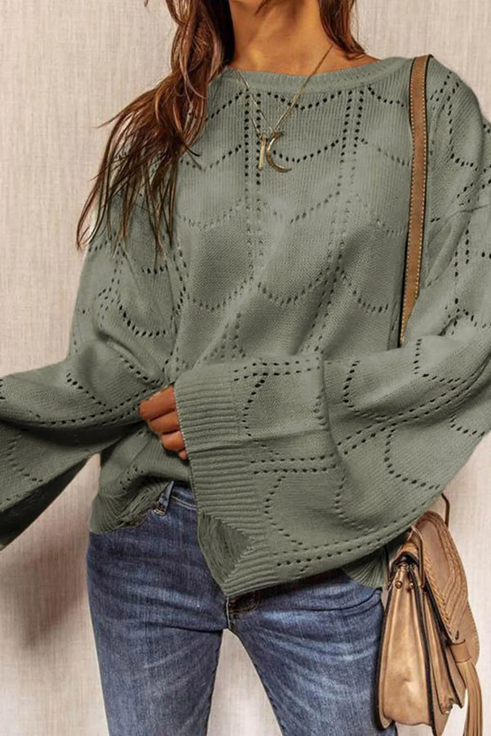 Women's Flare Sleeve Crew Neck Loose Fit Pointelle Sweater