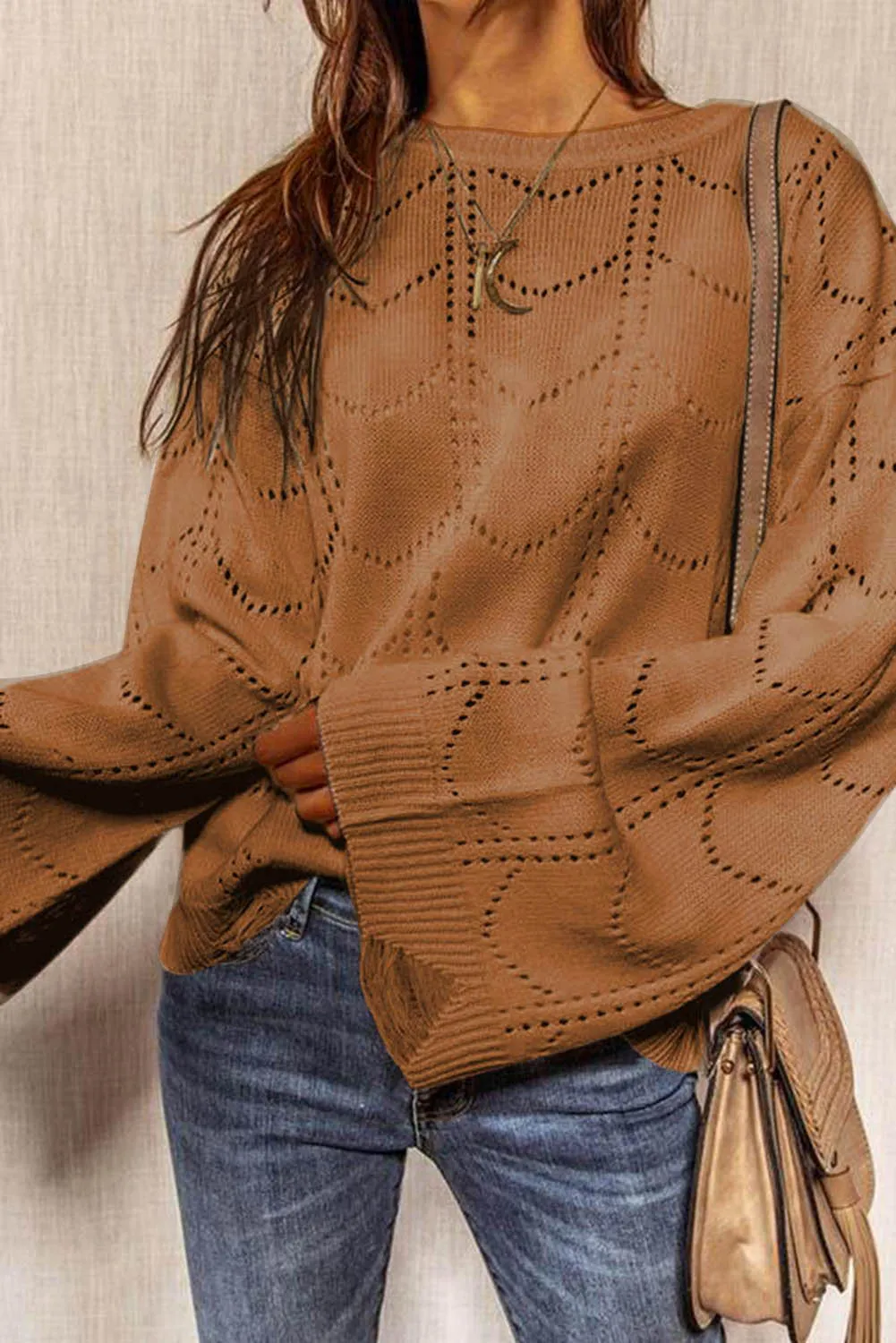 Women's Flare Sleeve Crew Neck Loose Fit Pointelle Sweater