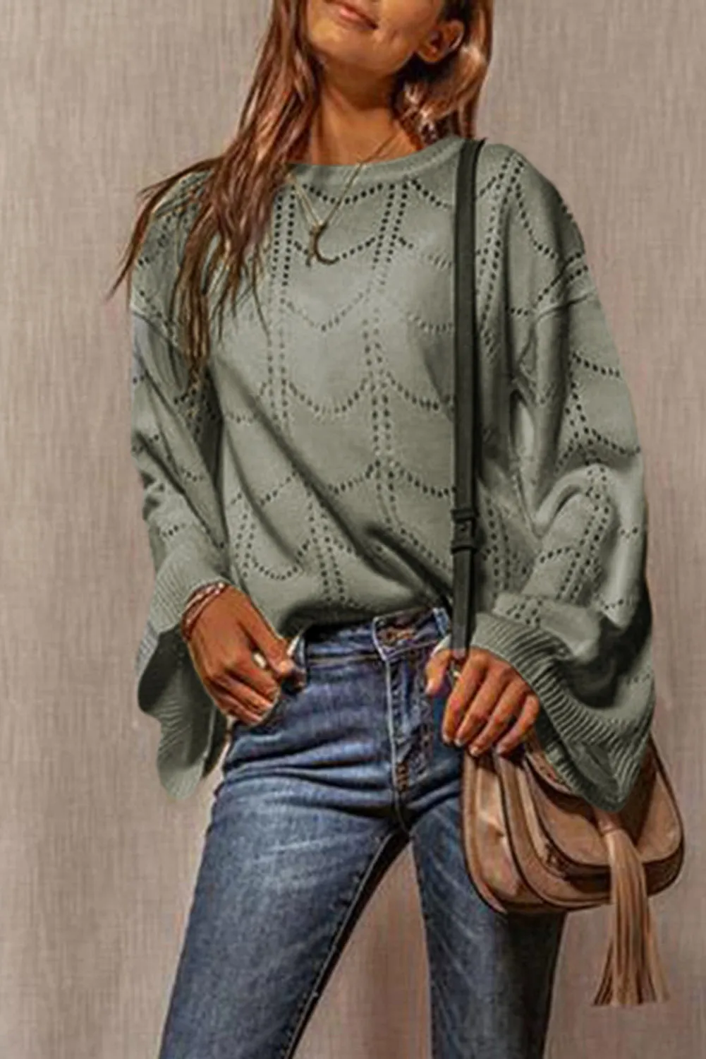 Women's Flare Sleeve Crew Neck Loose Fit Pointelle Sweater