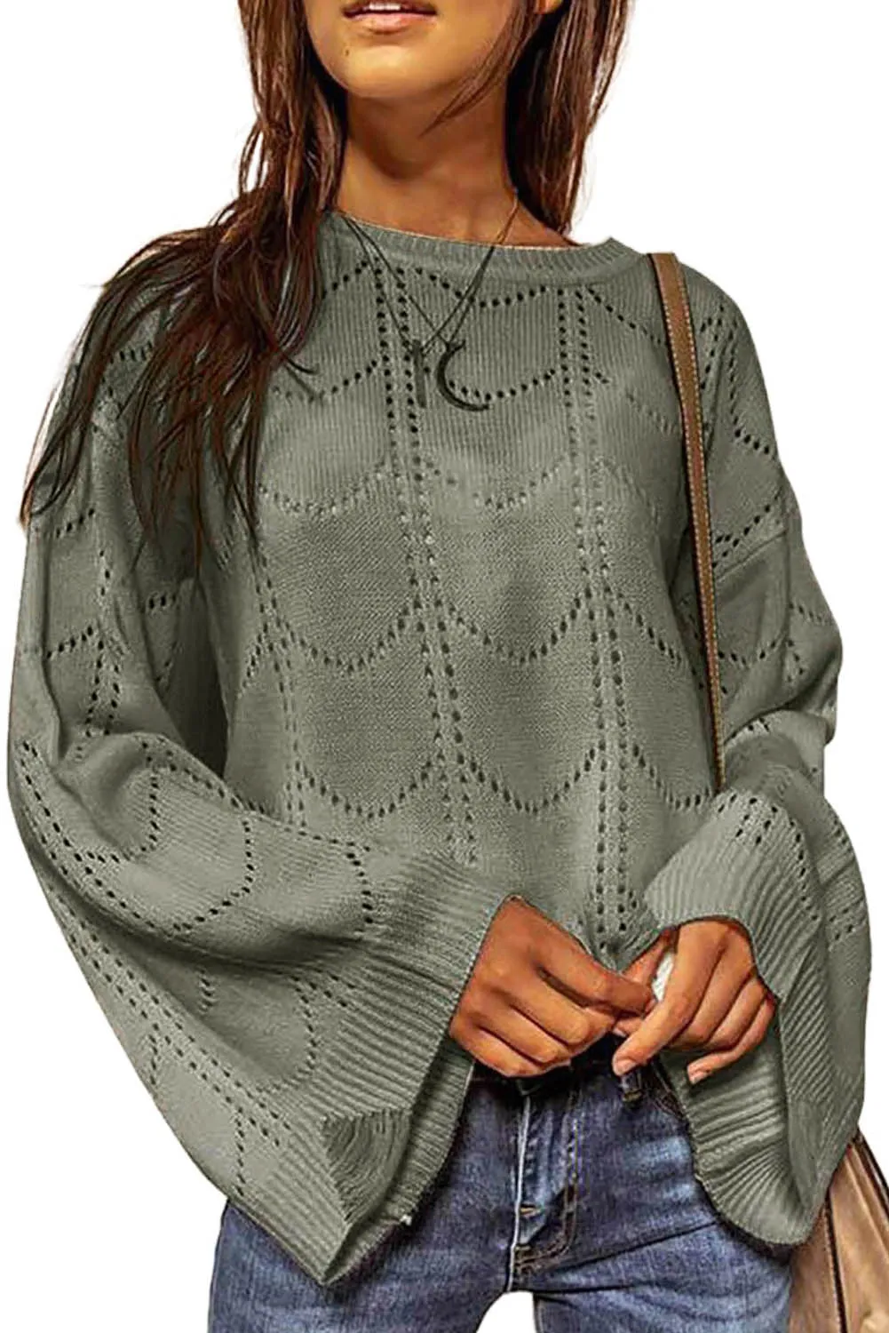 Women's Flare Sleeve Crew Neck Loose Fit Pointelle Sweater