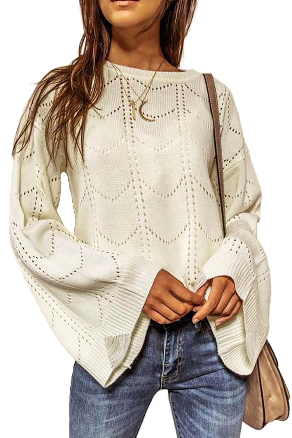 Women's Flare Sleeve Crew Neck Loose Fit Pointelle Sweater