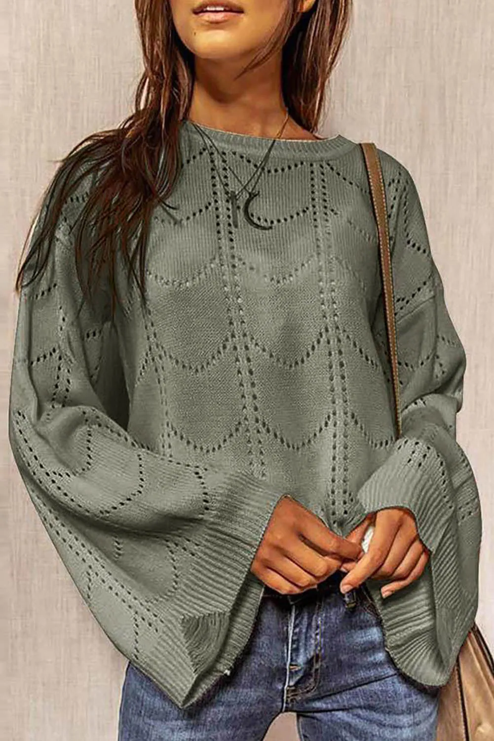 Women's Flare Sleeve Crew Neck Loose Fit Pointelle Sweater