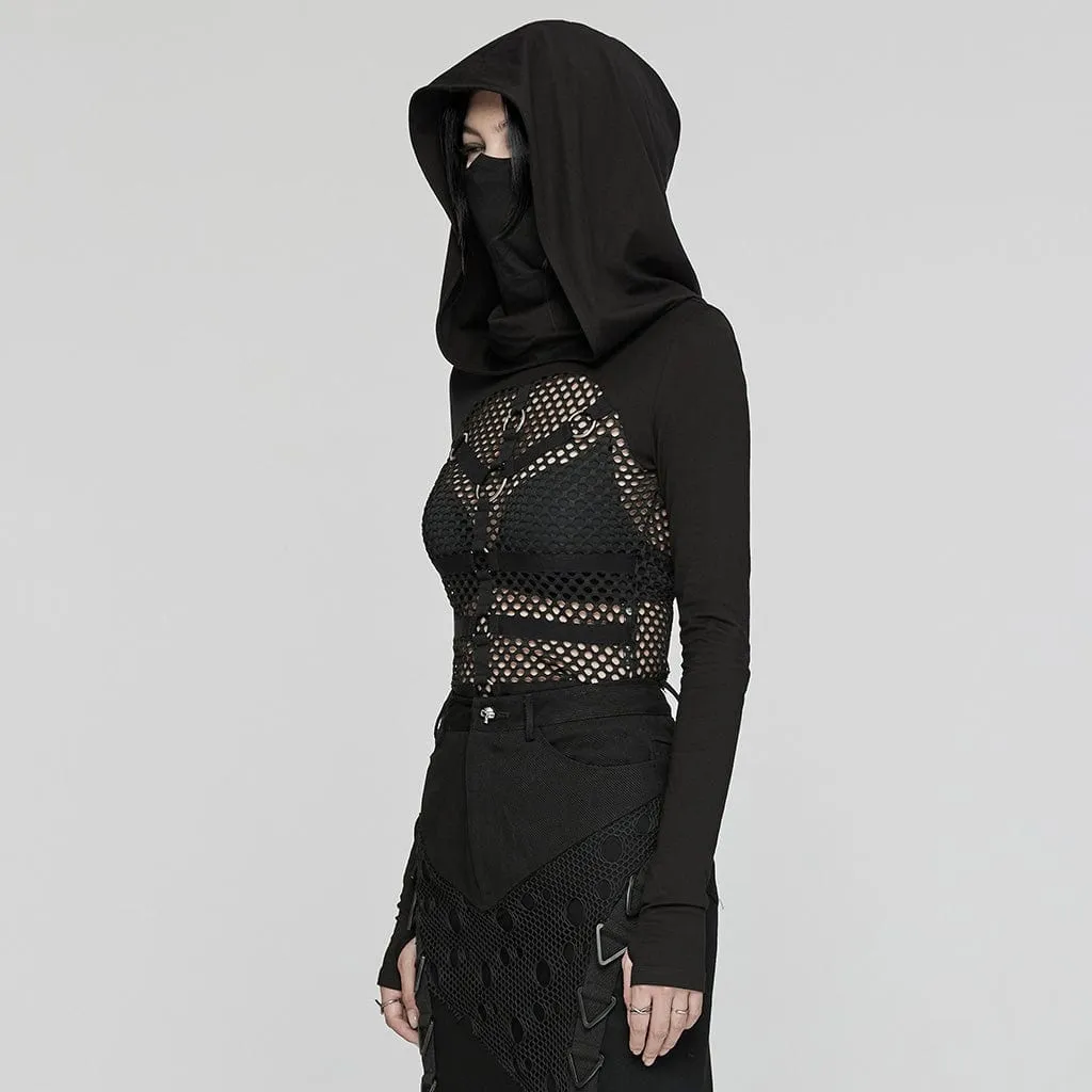 Women's Punk Mesh Splice Sheer Hoodies